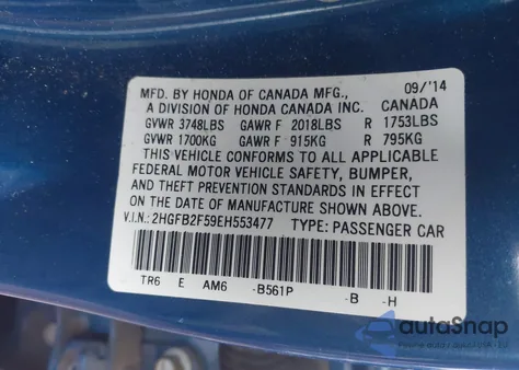 2014 Honda Civic Lx z USA, uszkodzony, nr VIN 2HGFB2F59EH553477